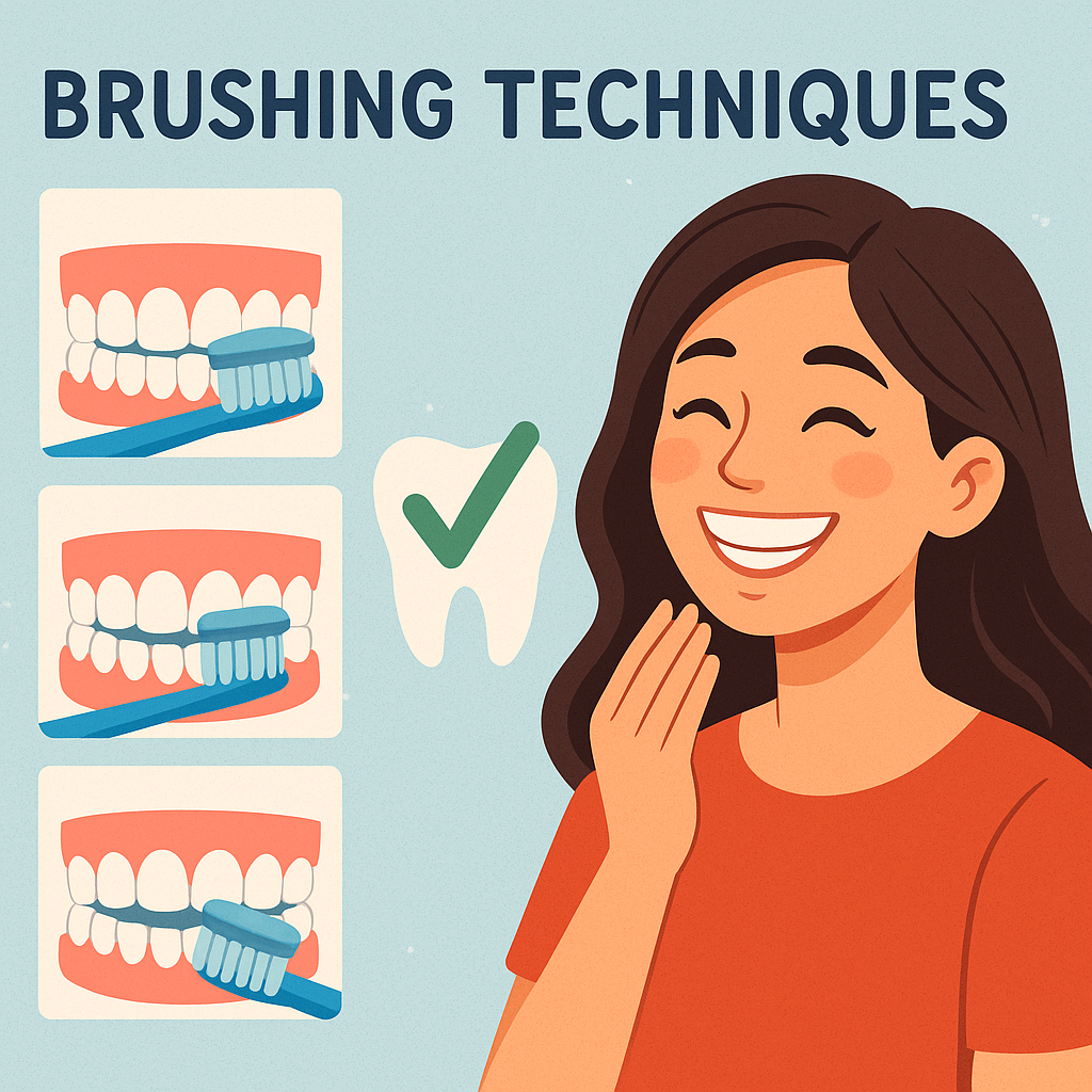 An illustration showing brushing techniques and proper dental care habits with a focus on healthy smiles and