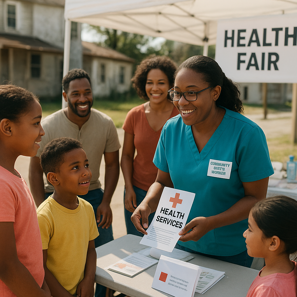 A community health worker engaging with children and families at a health fair, promoting health services and education