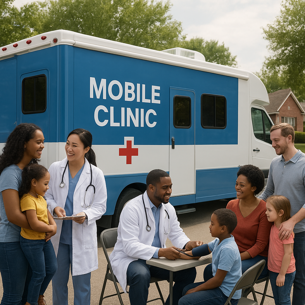A mobile clinic setting up in a neighborhood, with families interacting with healthcare staff and getting health