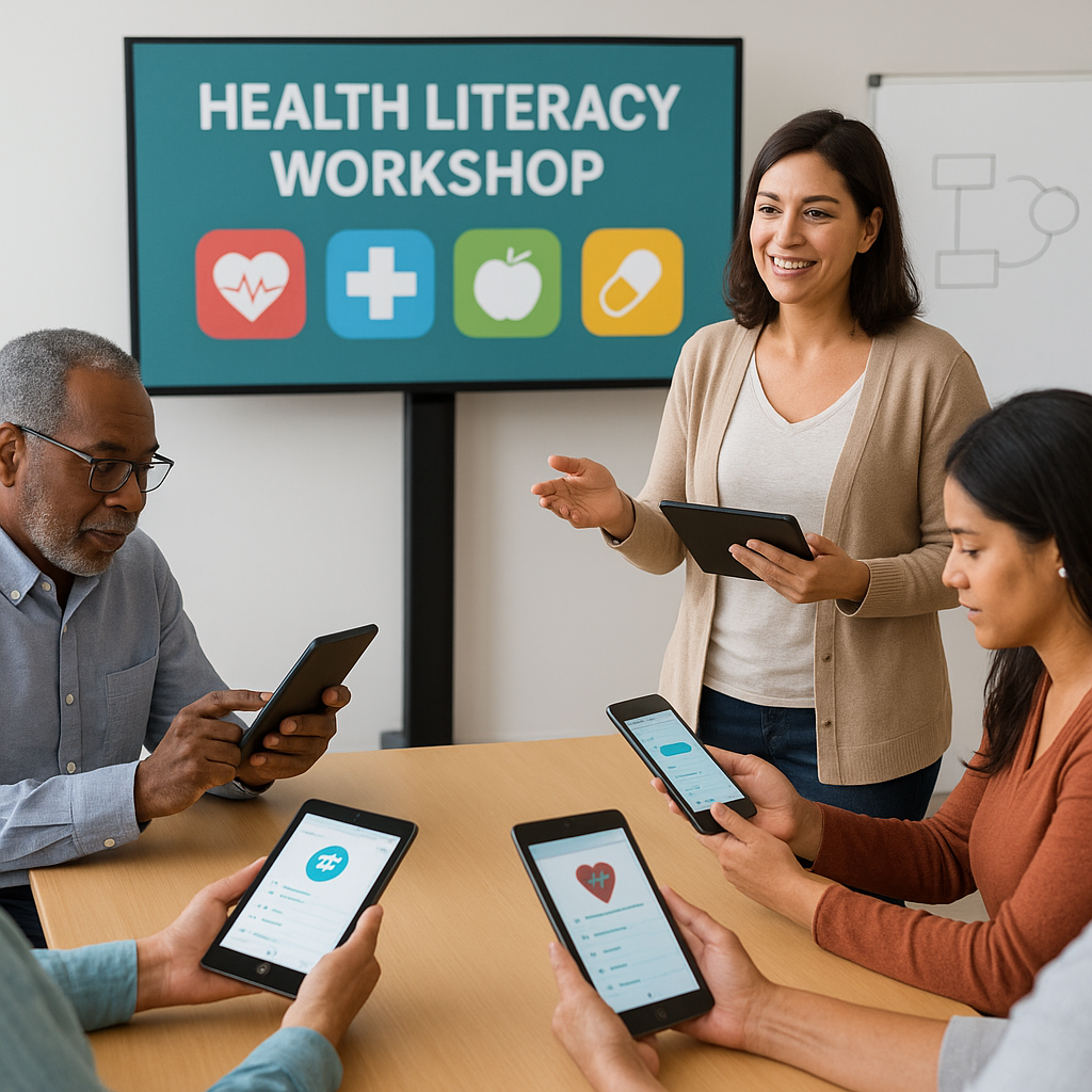 A digital health literacy workshop in progress, showing people learning how to use health apps on tablets and