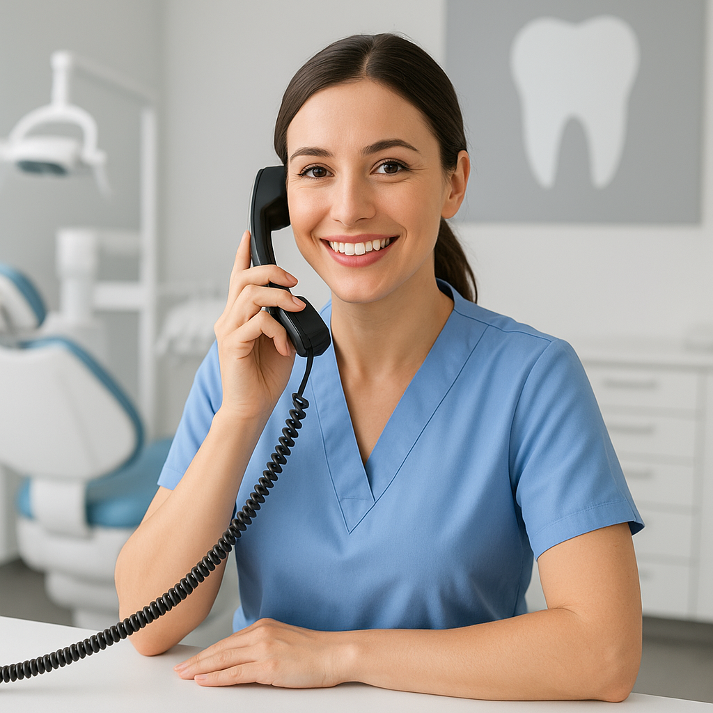 A friendly dental receptionist answering a phone call, with a welcoming smile and a dental office backdrop, showcasing