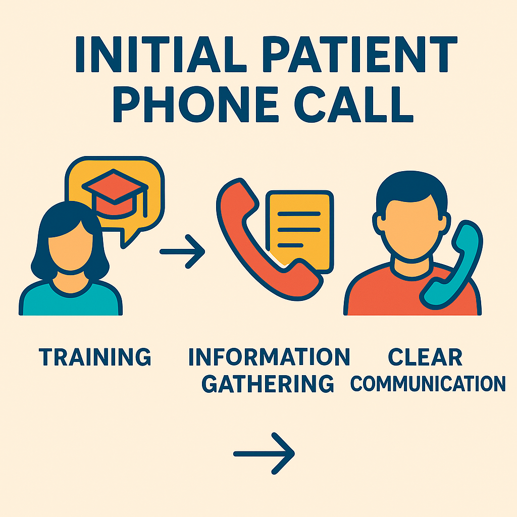 An infographic showing the steps of the initial patient phone call process, with icons representing training