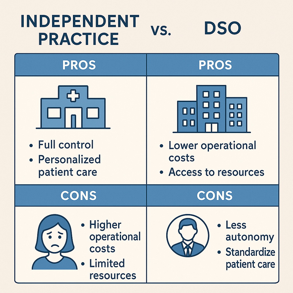 A side-by-side comparison of practice ownership models: independent practices vs. DSOs, showcasing pros and cons
