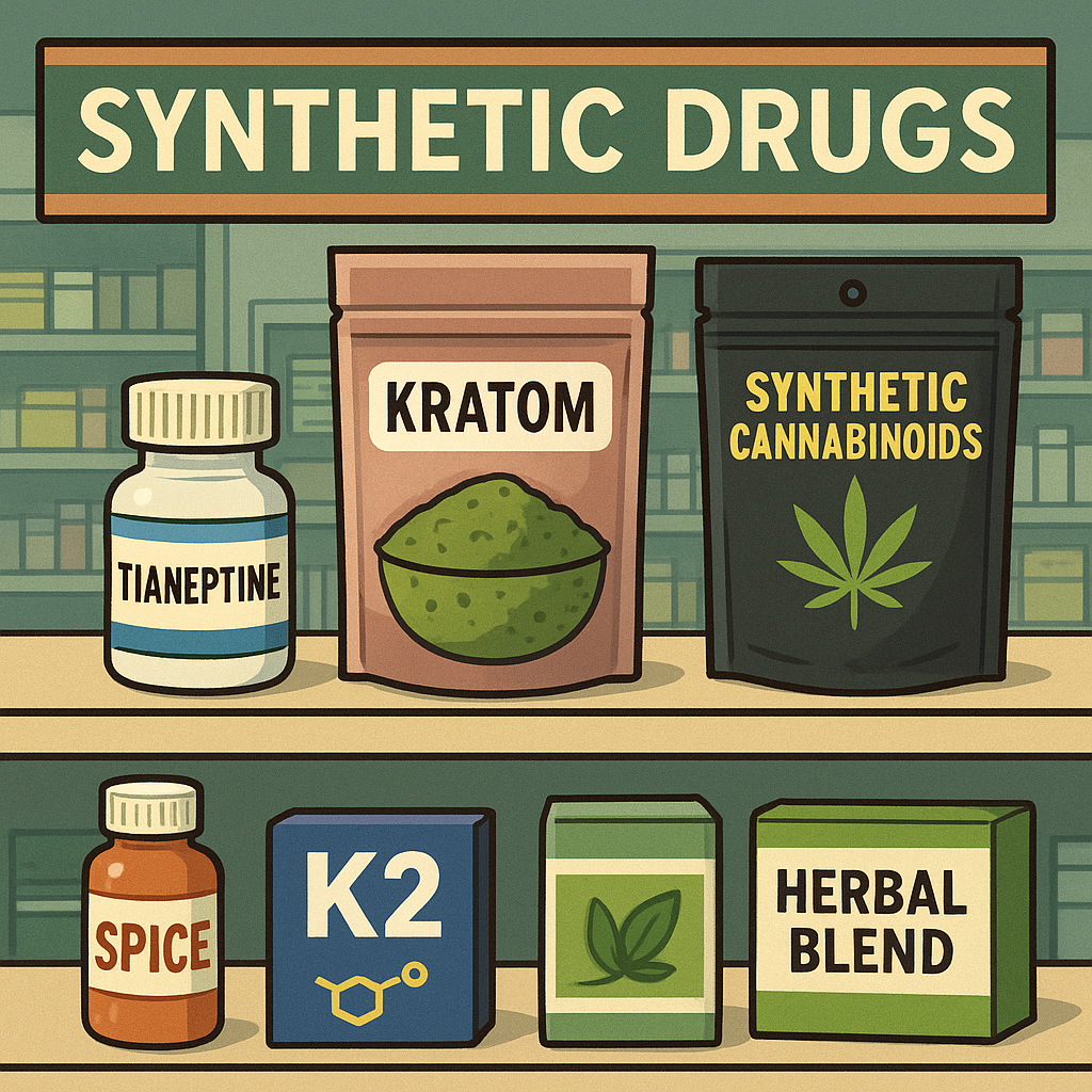 An illustration showing various synthetic drugs like tianeptine, kratom, and synthetic cannabinoids displayed in a