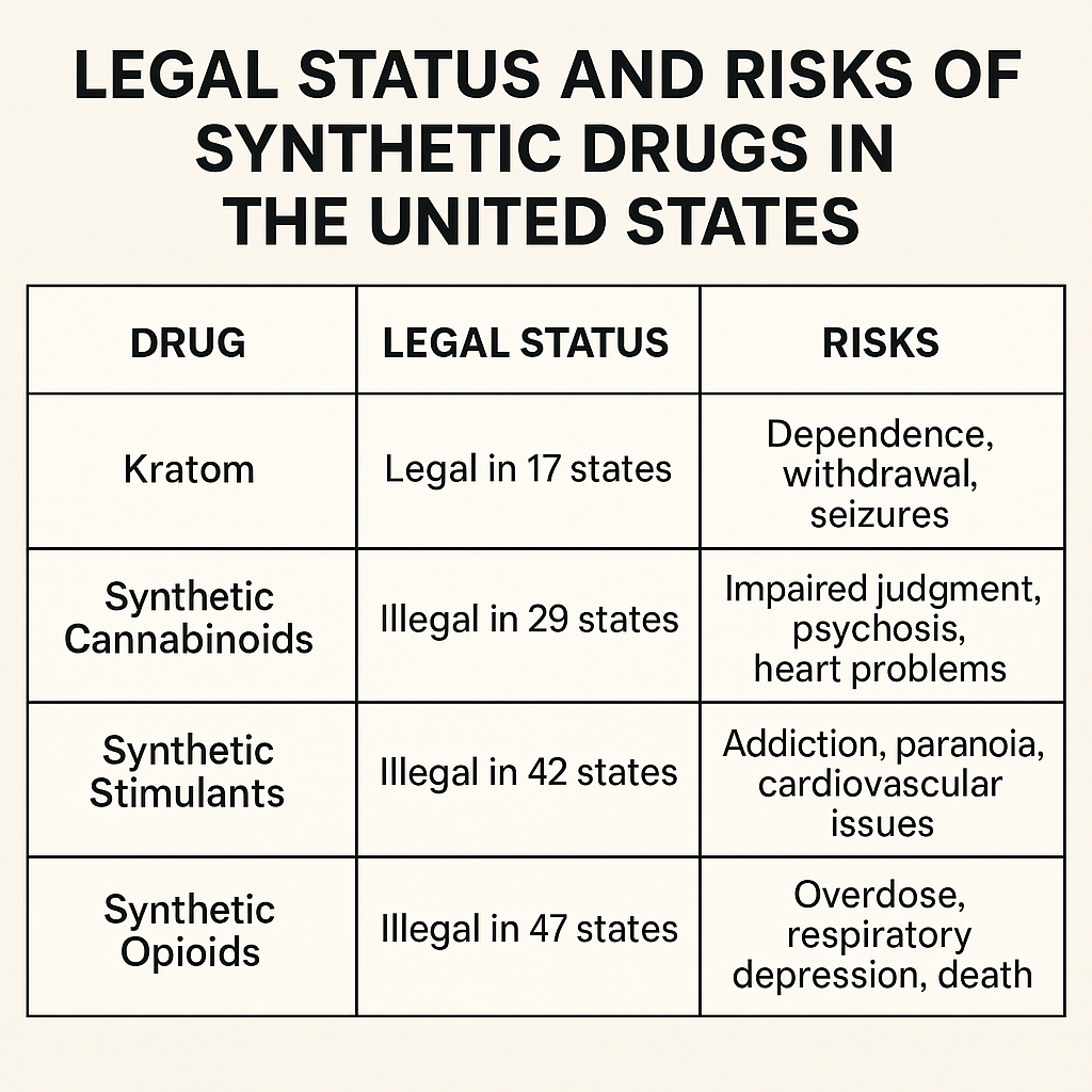 A chart detailing the legal status and risks associated with synthetic drugs like kratom and synthetic cannabinoids in