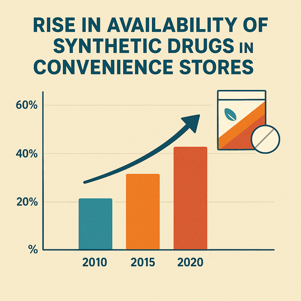A visual infographic showing the rise in availability of synthetic drugs in convenience stores over the last decade.