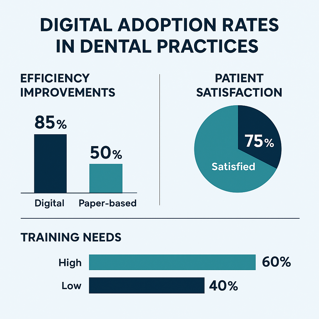 An infographic showing key statistics on digital adoption rates in dental practices, featuring charts on efficiency
