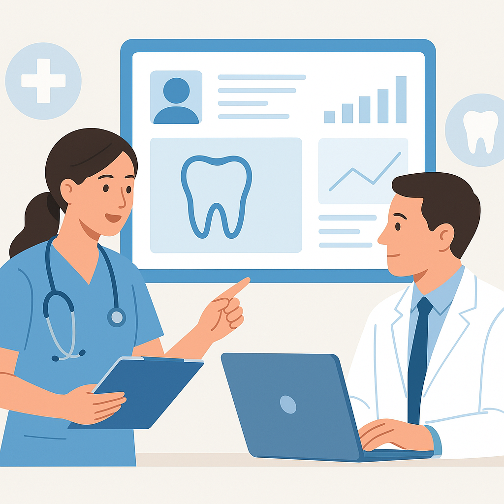 A visual representation of a healthcare professional discussing patient data with a focus on dental integration