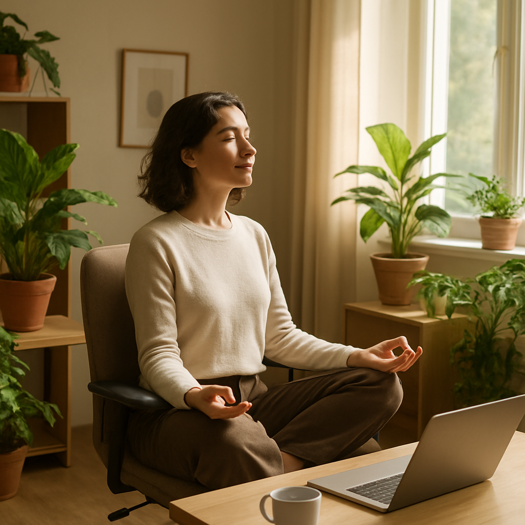 A serene office space with plants, a comfortable chair, and sunlight streaming through a window, symbolizing wellness
