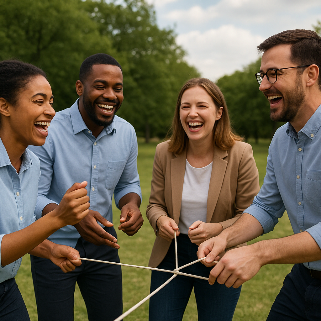 A group of coworkers enjoying a joyful outdoor team-building activity, emphasizing connection and collaboration. They