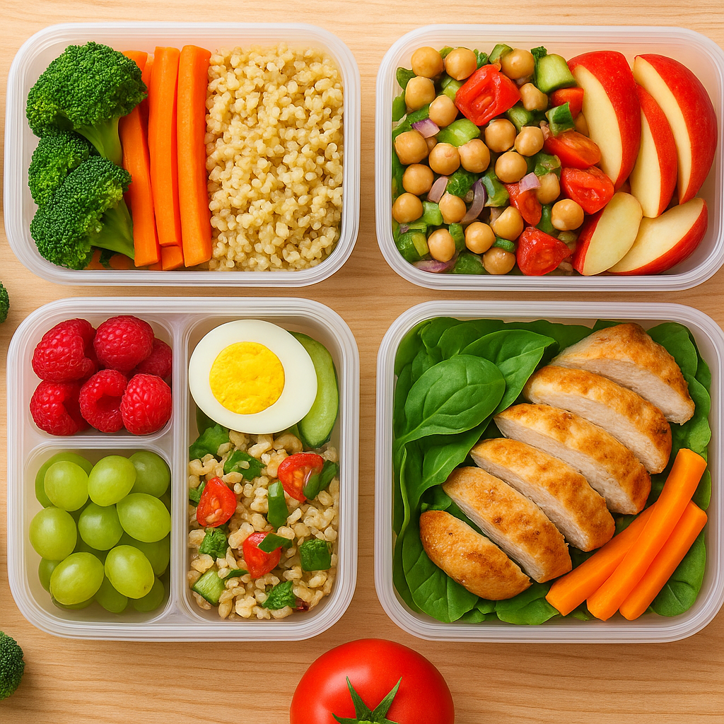 A colorful meal prep scene showing healthy lunches packed in containers, highlighting nutritious eating habits for work