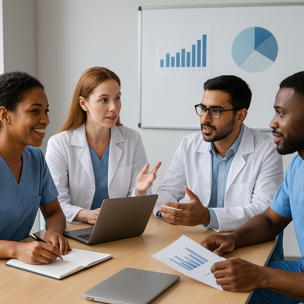 A diverse team of dental office professionals collaborating in a meeting room, discussing strategies, with visible