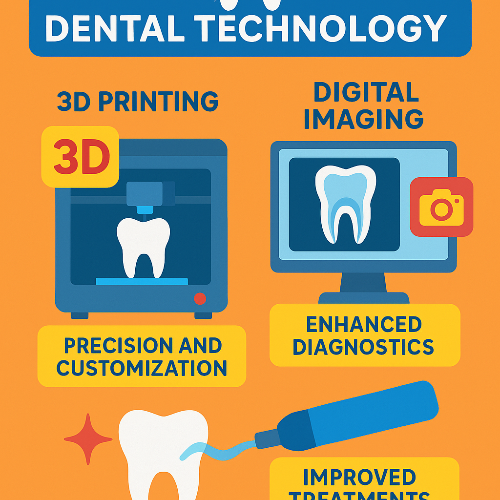 An infographic showing the latest advancements in dental technology, with illustrations of 3D printing and digital