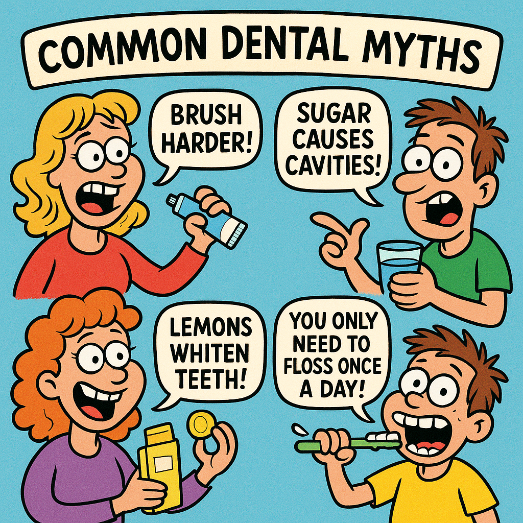 A humorous cartoon depicting common dental myths, featuring exaggerated characters and a lively scene to engage readers