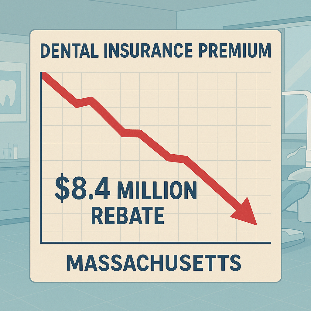 An illustration showing a dental insurance premium graph with a downward trend, highlighting the .4 million rebate in