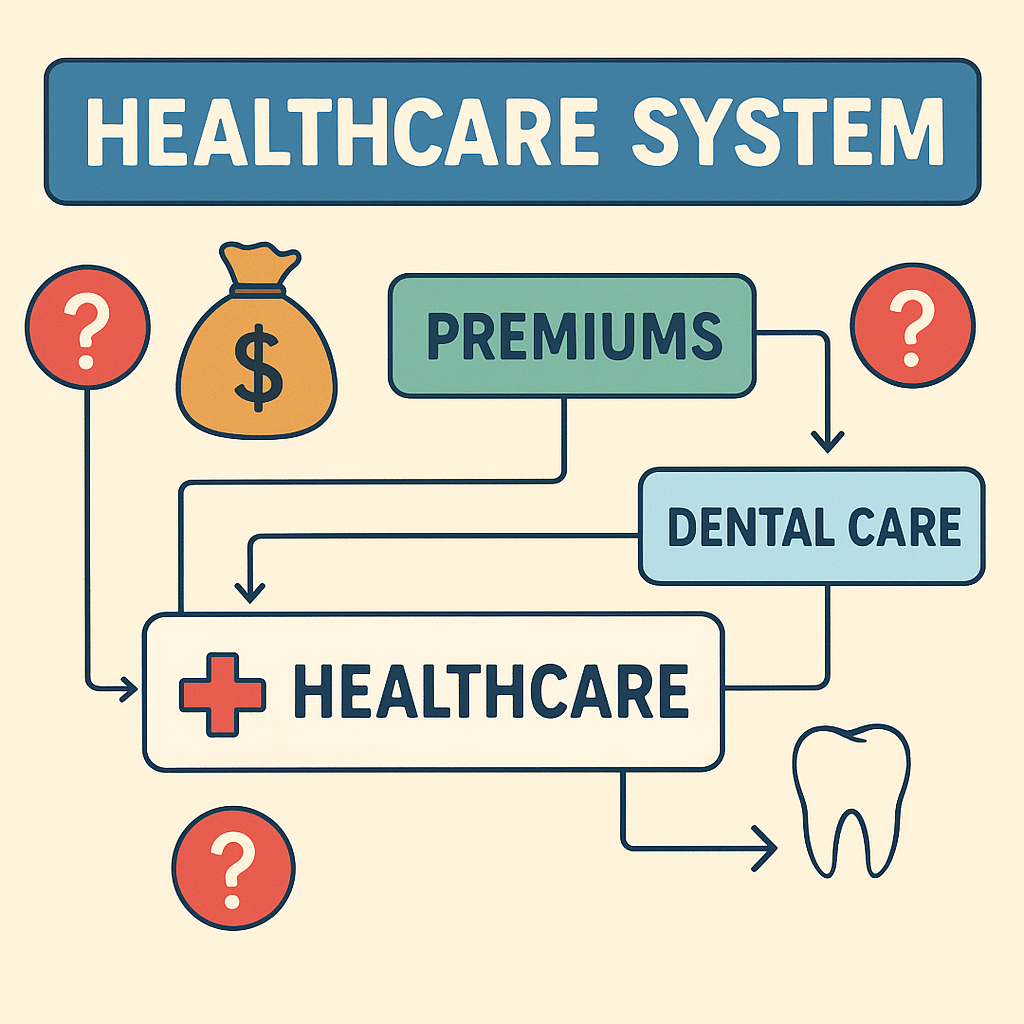 A visual representation of the healthcare system, showing the flow of funds from premiums to dental care, with question
