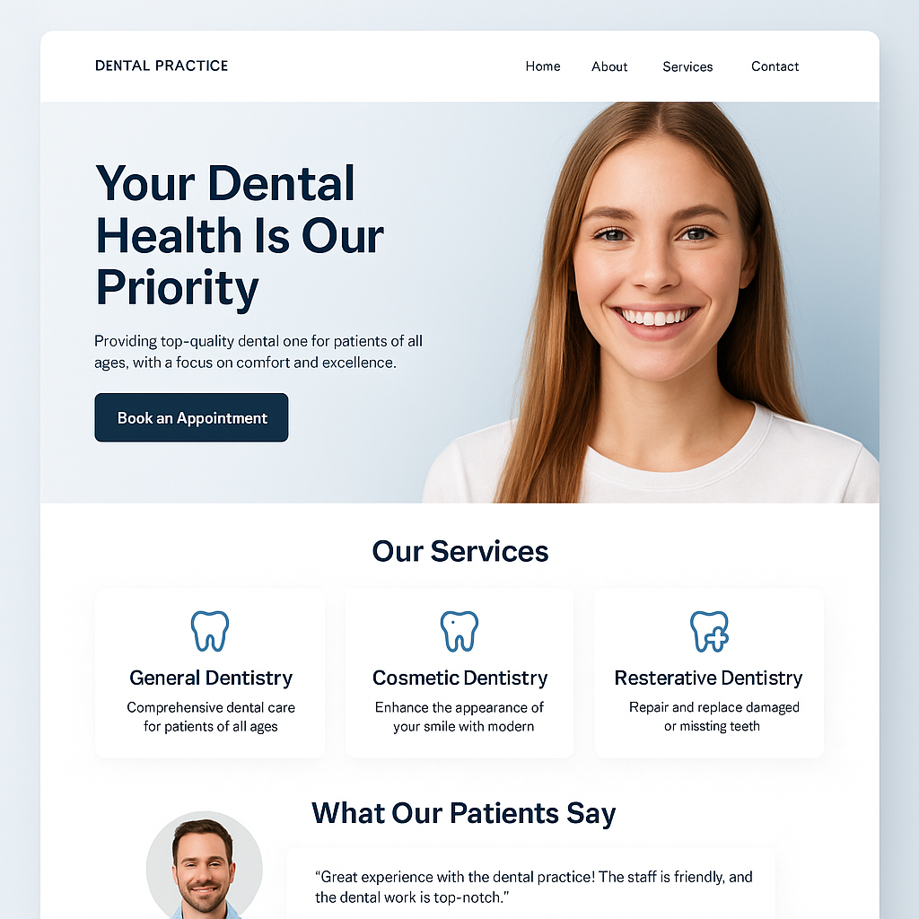 A modern responsive dental practice website design layout. Features include a hero banner, service offerings section