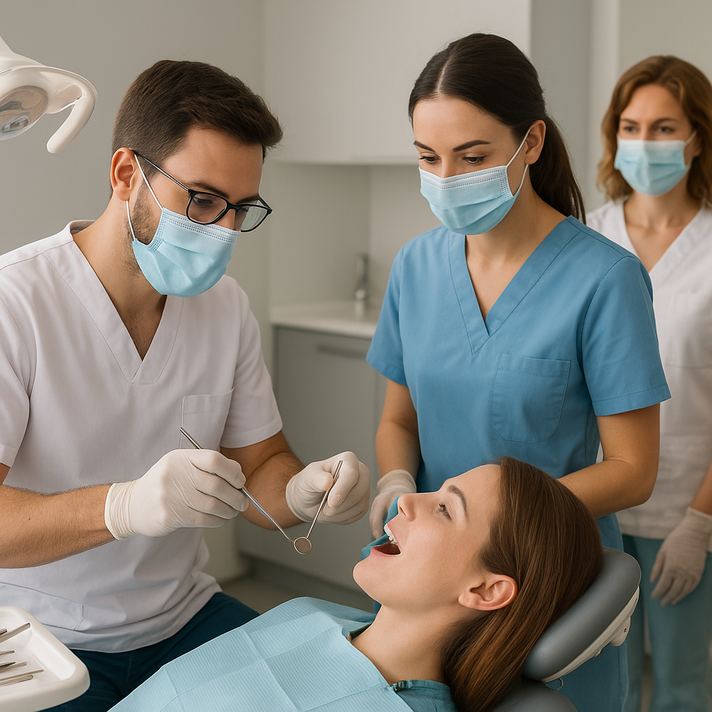 A dental team working together in a clinic, with a focus on a dentist and an assistant supporting patients during a
