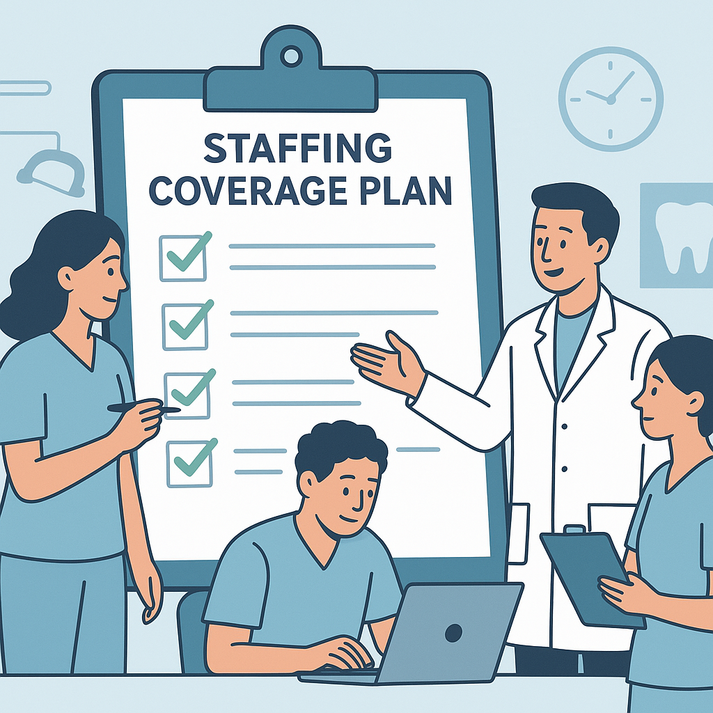 An illustration of a staffing coverage plan with checklists and team collaboration, highlighting proactive management