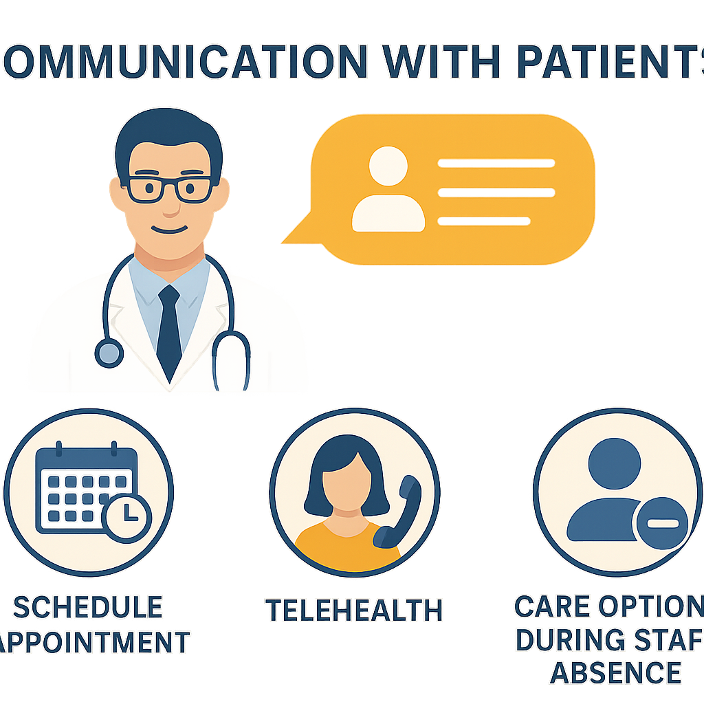 A graphic showing communication with patients, including an infographic about scheduling and patient care options