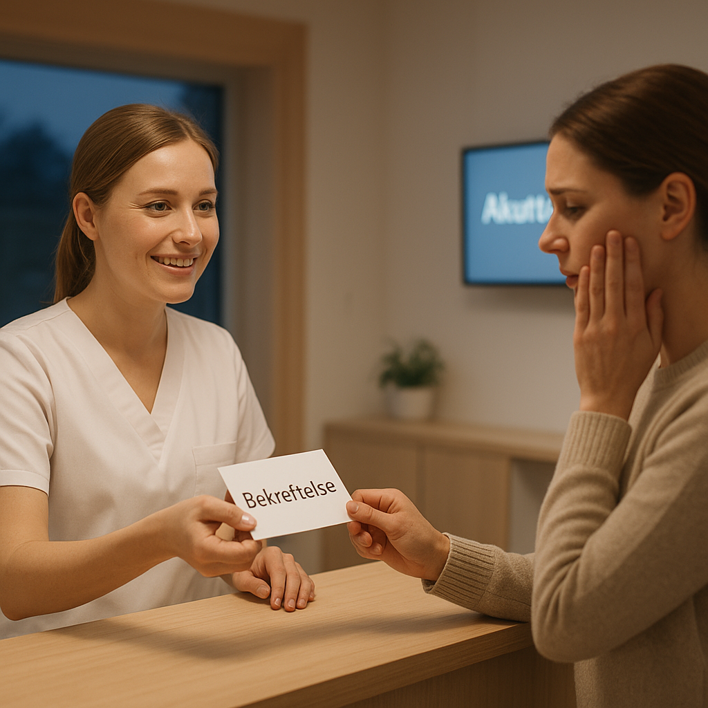 A warm, reassuring photograph of a Scandinavian dental clinic reception at dusk, with a friendly receptionist handing a