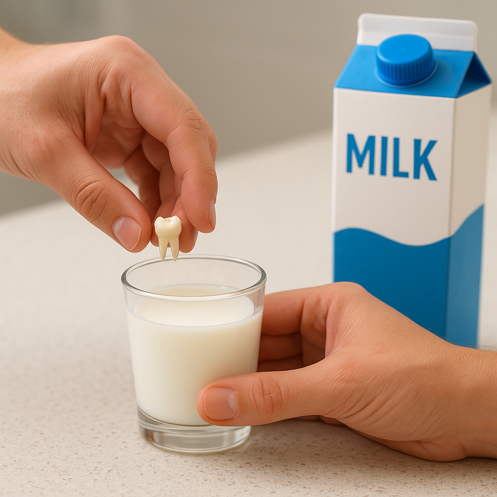 A clear, instructional first-aid style photograph showing hands gently placing a knocked-out tooth into a small glass