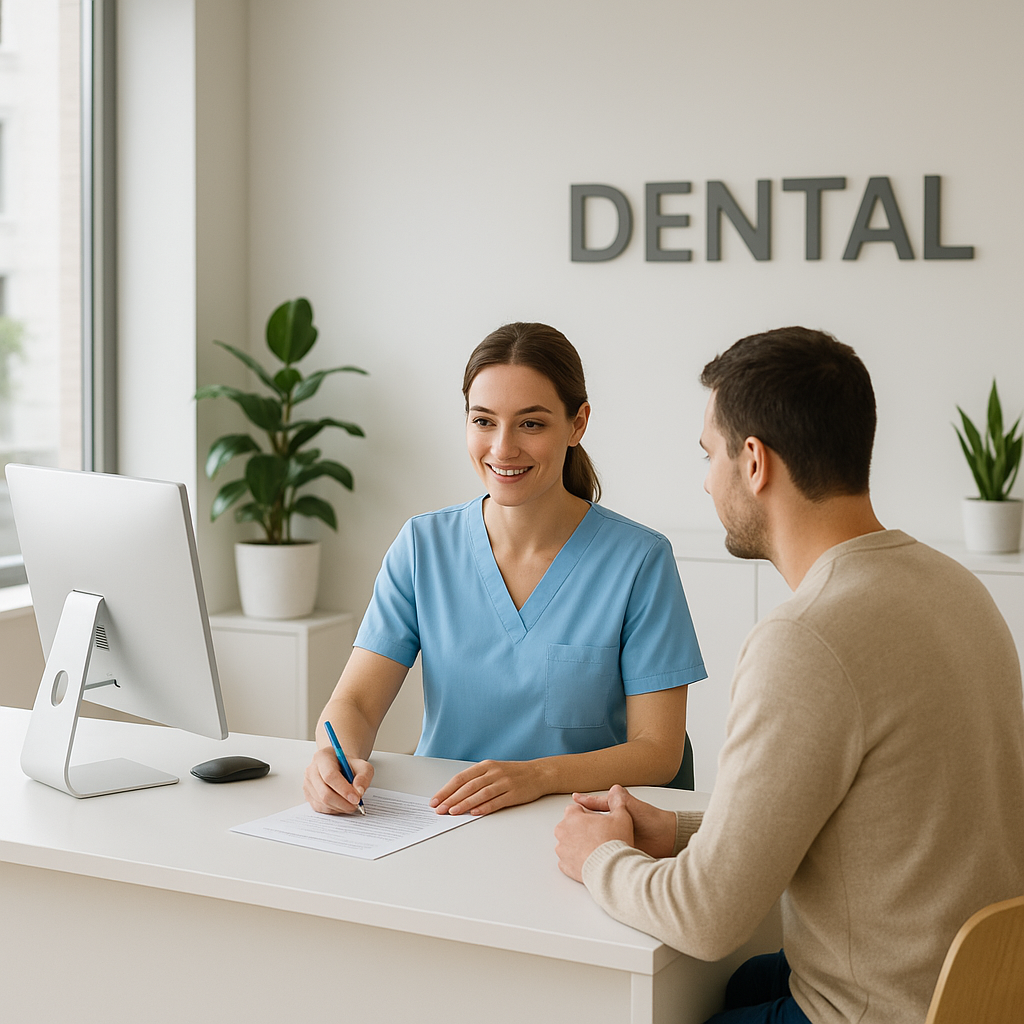 A calm, modern Scandinavian dental clinic reception area. A friendly receptionist in light blue scrubs helping a