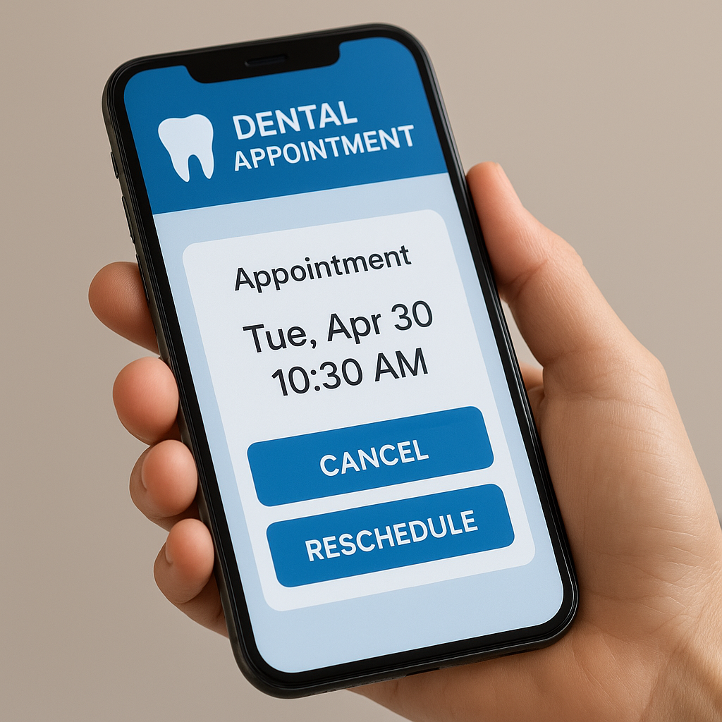 Close-up of a person's hands holding a smartphone showing a dental appointment booking app with an appointment card and