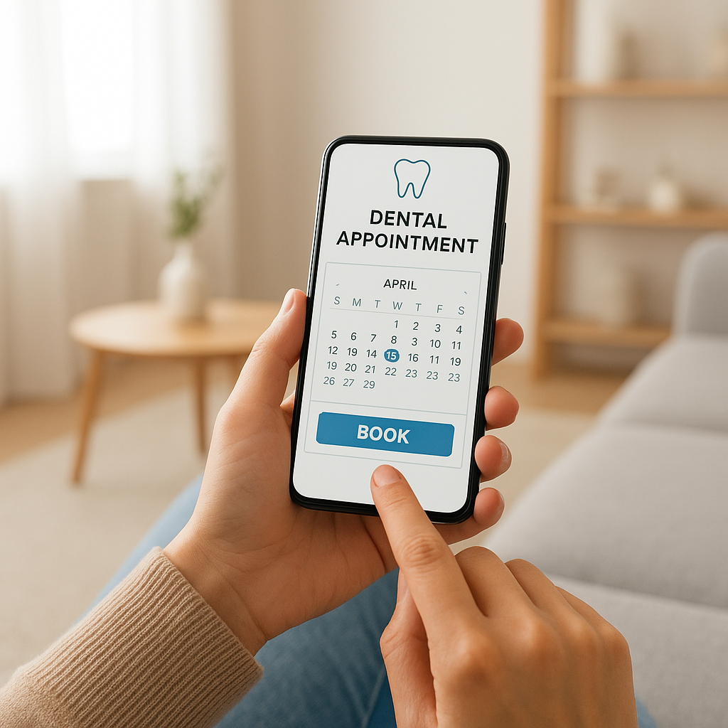 A clean, modern photograph of a person sitting on a sofa at home using a smartphone to book a dental appointment, with