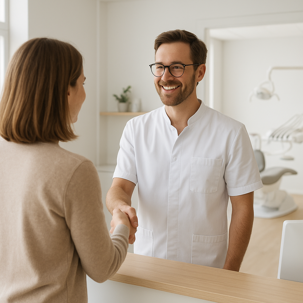 A friendly dentist in a bright modern Swedish dental clinic greeting a patient at the reception desk, both smiling