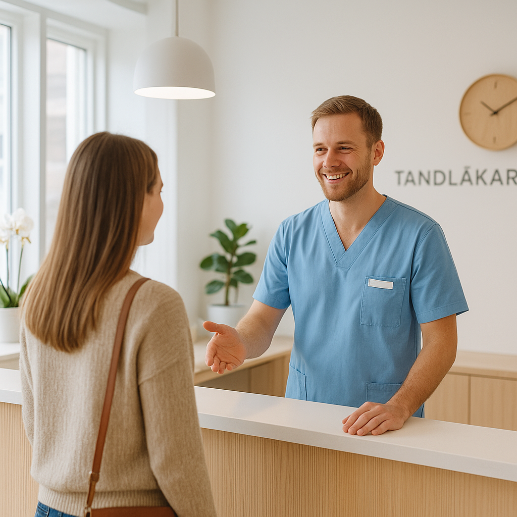 A warm, welcoming Scandinavian dental clinic reception in Sweden, bright natural light, a friendly dentist in scrubs